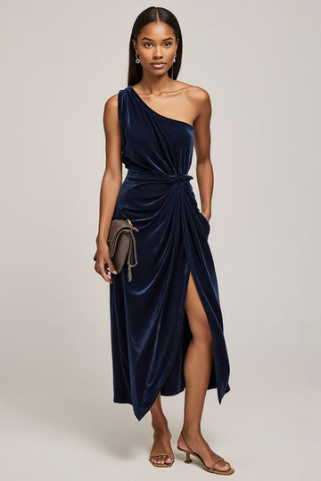 Navy Velvet One Shoulder Ruched Work Dress with Slit